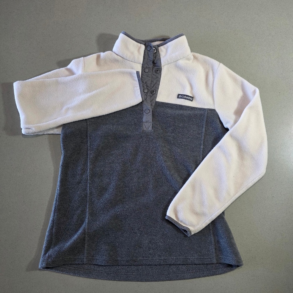 Columbia Womens Fleece Pullover Snap Neck Color Block Gray White Large